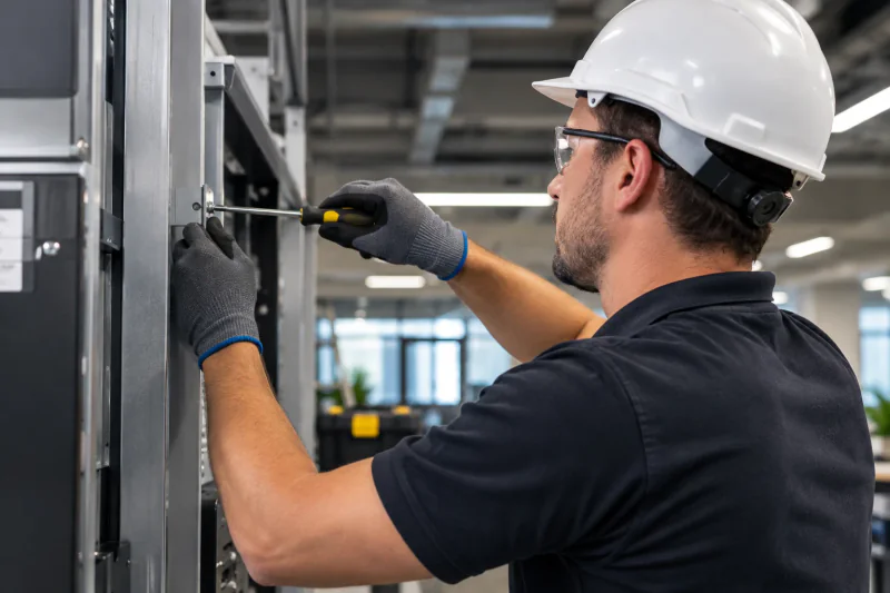 Profissional de manutenção de capacete ajustando um painel com chave de fenda