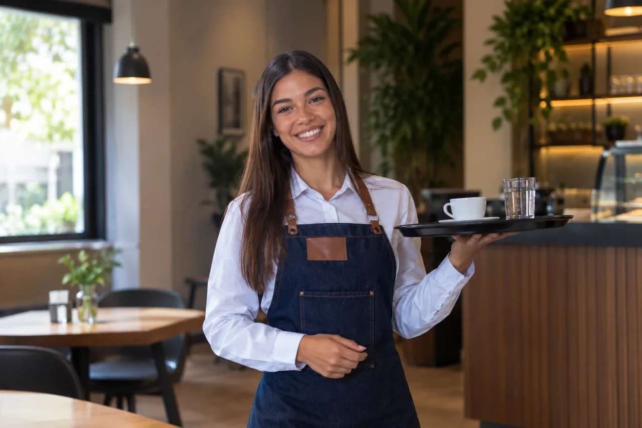 Copeira sorridente servindo café e água numa bandeja