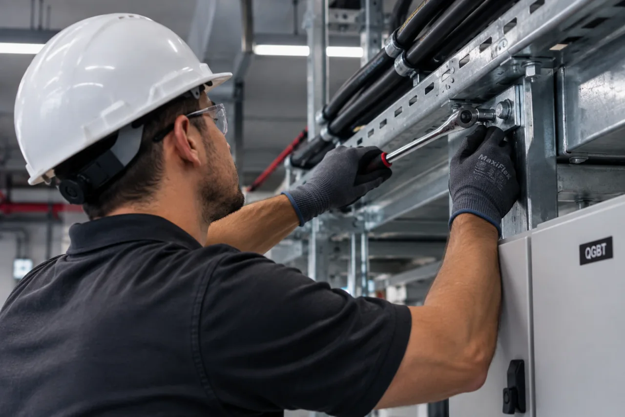 Profissional de manutenção fixando uma eletrocalha junto ao quadro geral
