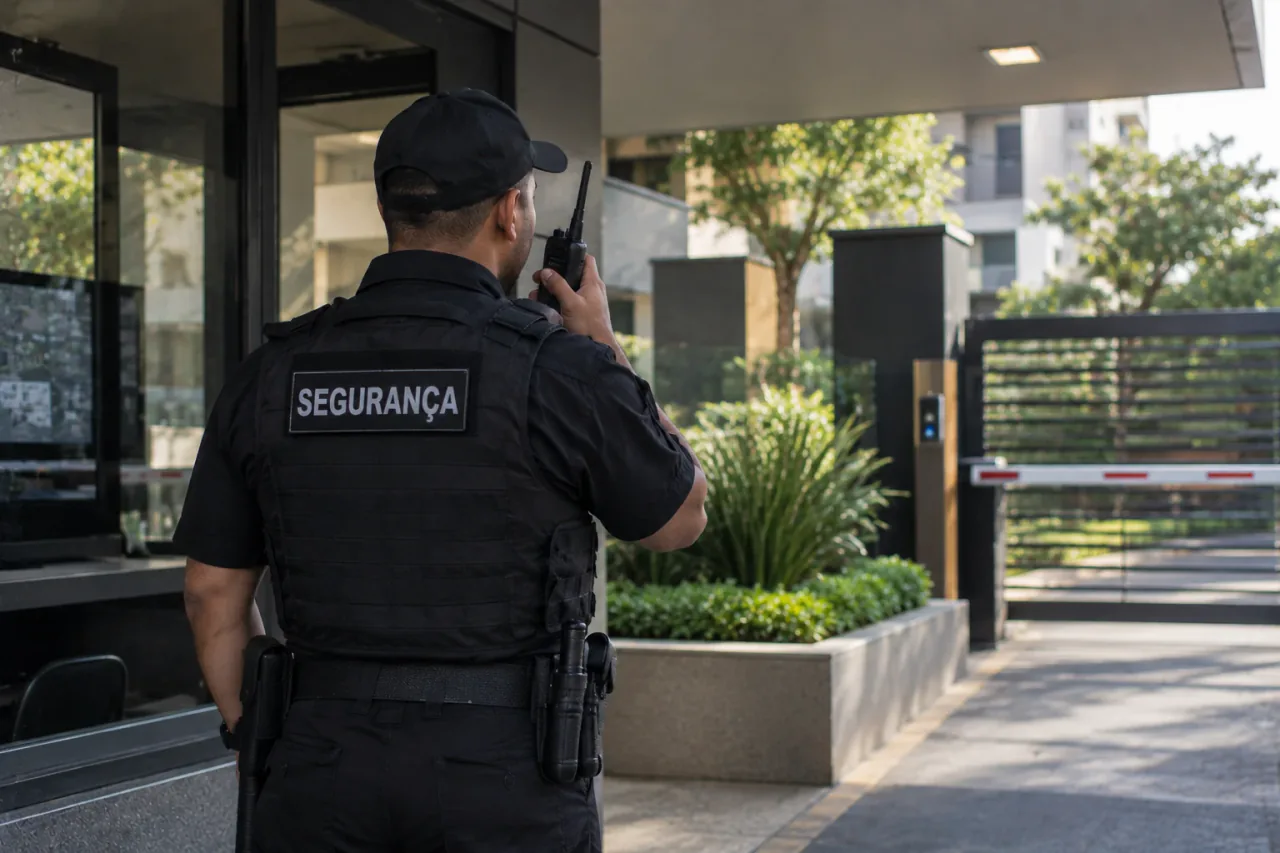 Segurança falando no rádio na entrada de um condomínio